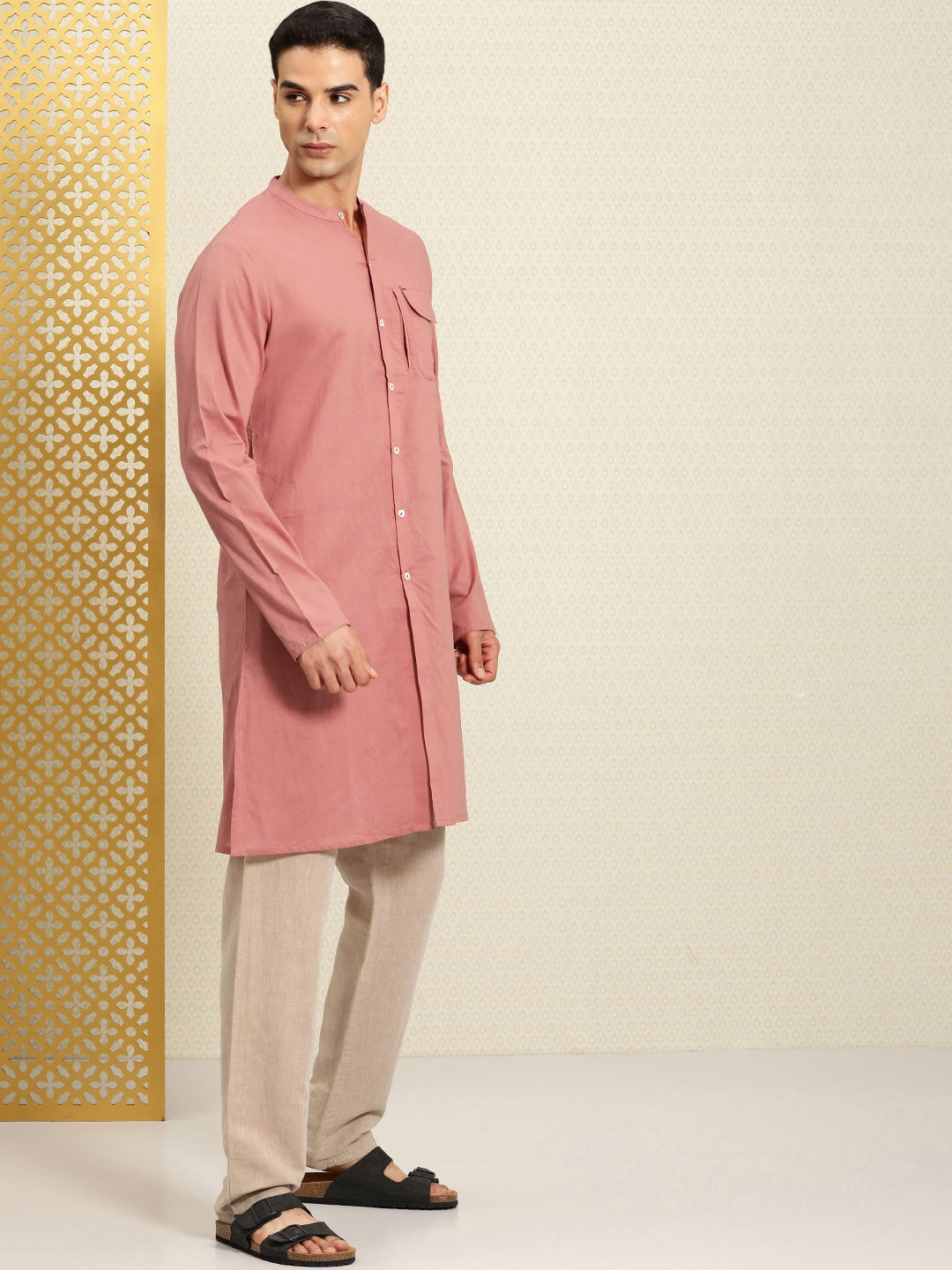 House of Pataudi Rozana Band Collar Pure Cotton Kurta