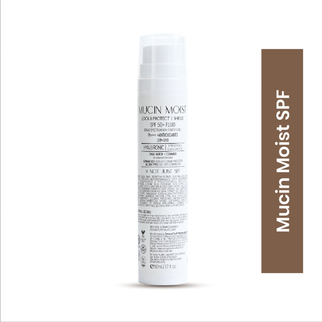 Personal Touch Skincare Mucin Moist Fluid Sunscreen SPF 50+ PA+++ UVA/UVB To Minimizes Pores