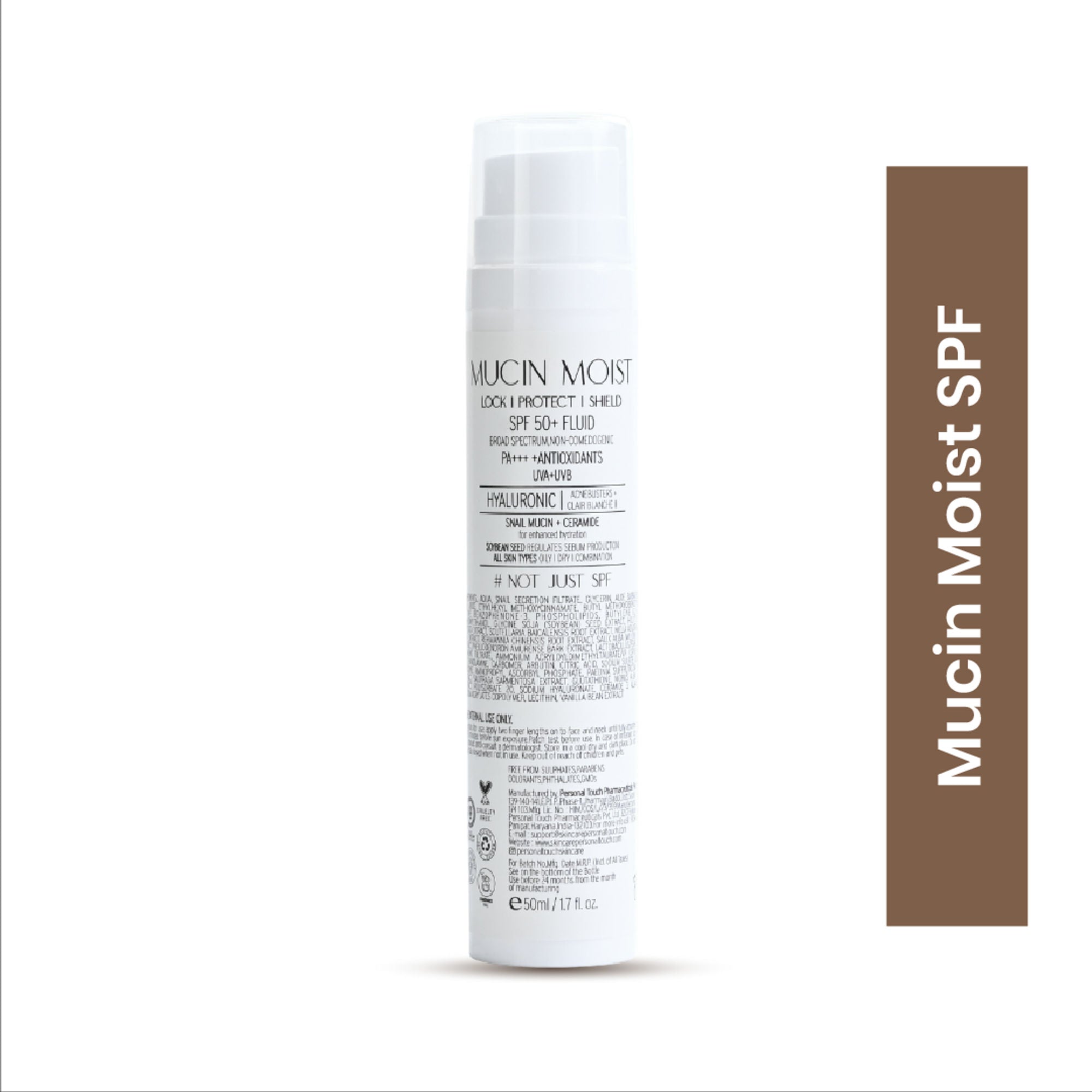 Personal Touch Skincare Mucin Moist Fluid Sunscreen SPF 50+ PA+++ UVA/UVB To Minimizes Pores