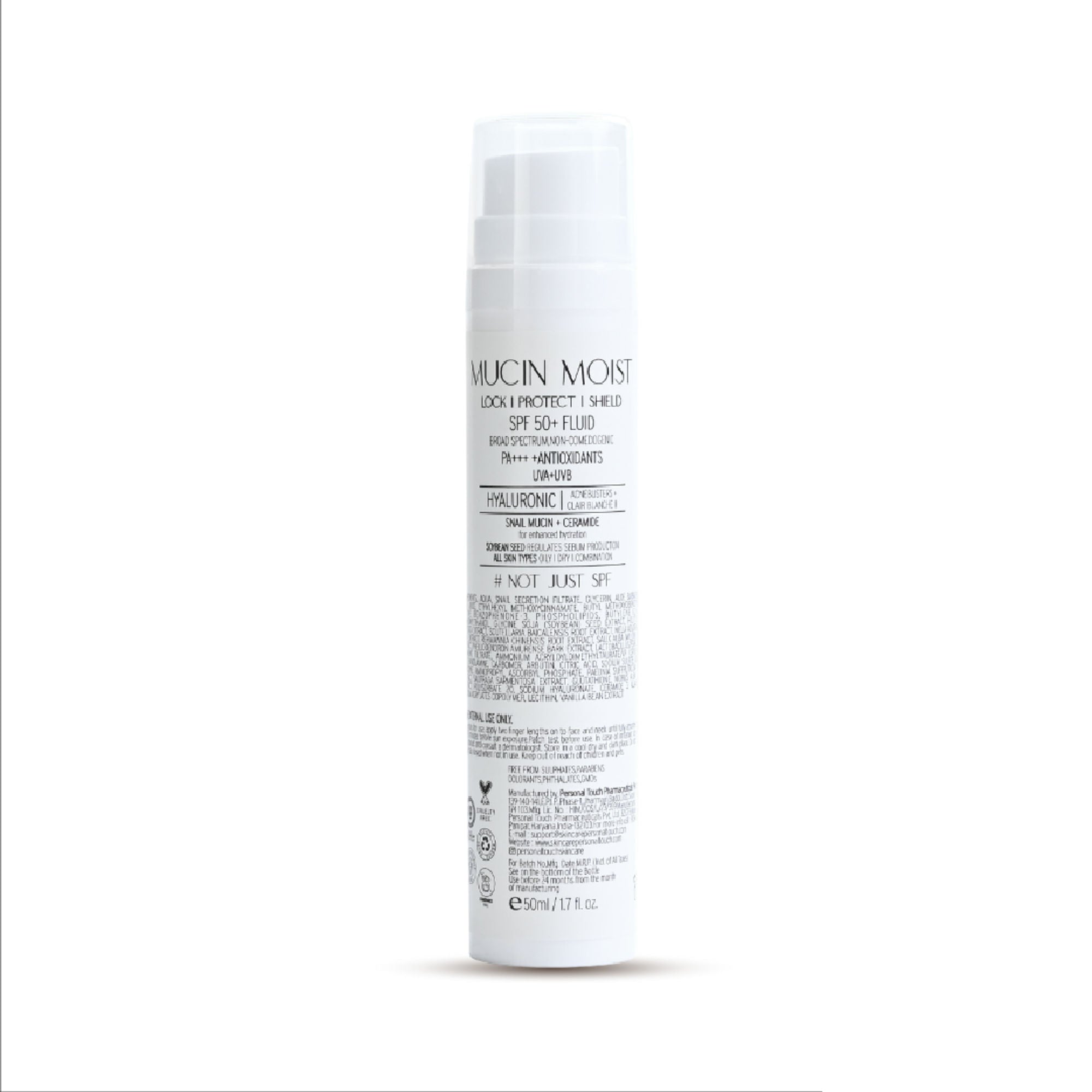 Personal Touch Skincare Mucin Moist Fluid Sunscreen SPF 50+ PA+++ UVA/UVB To Minimizes Pores