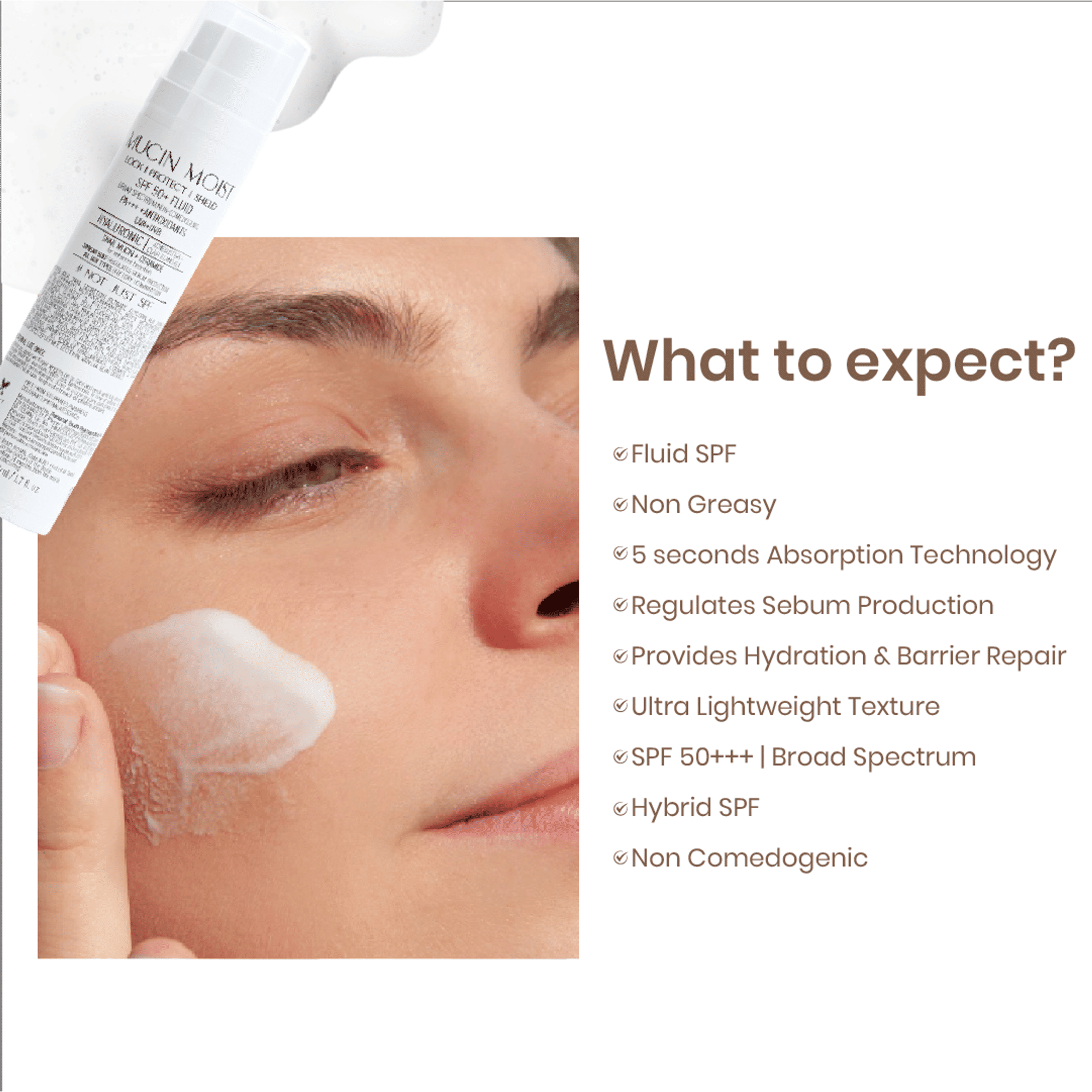 Personal Touch Skincare Mucin Moist Fluid Sunscreen SPF 50+ PA+++ UVA/UVB To Minimizes Pores