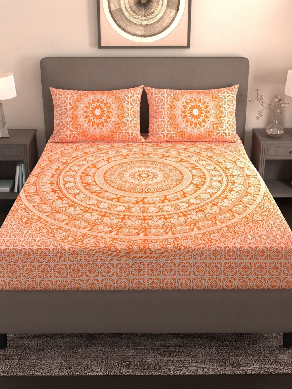 Varde Orange & White Ethnic Motifs Cotton 210 TC King Bedsheet With 2 Pillow Covers