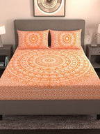 Varde Orange & White Ethnic Motifs Cotton 210 TC King Bedsheet With 2 Pillow Covers