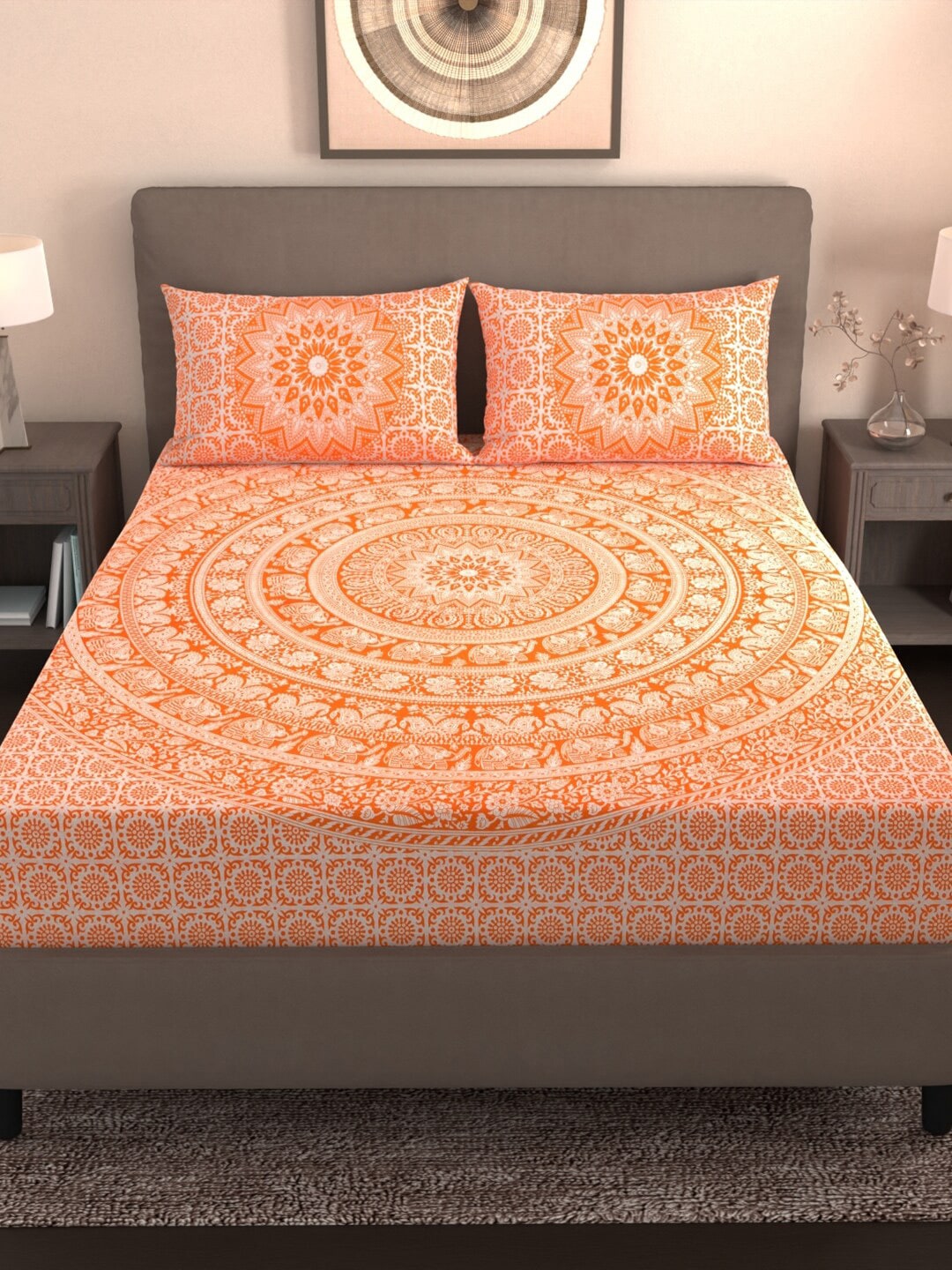 Varde Orange & White Ethnic Motifs Cotton 210 TC King Bedsheet With 2 Pillow Covers