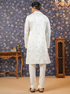 House of Pataudi Men Off White Geometric Embroidered Mirror Work Kurta