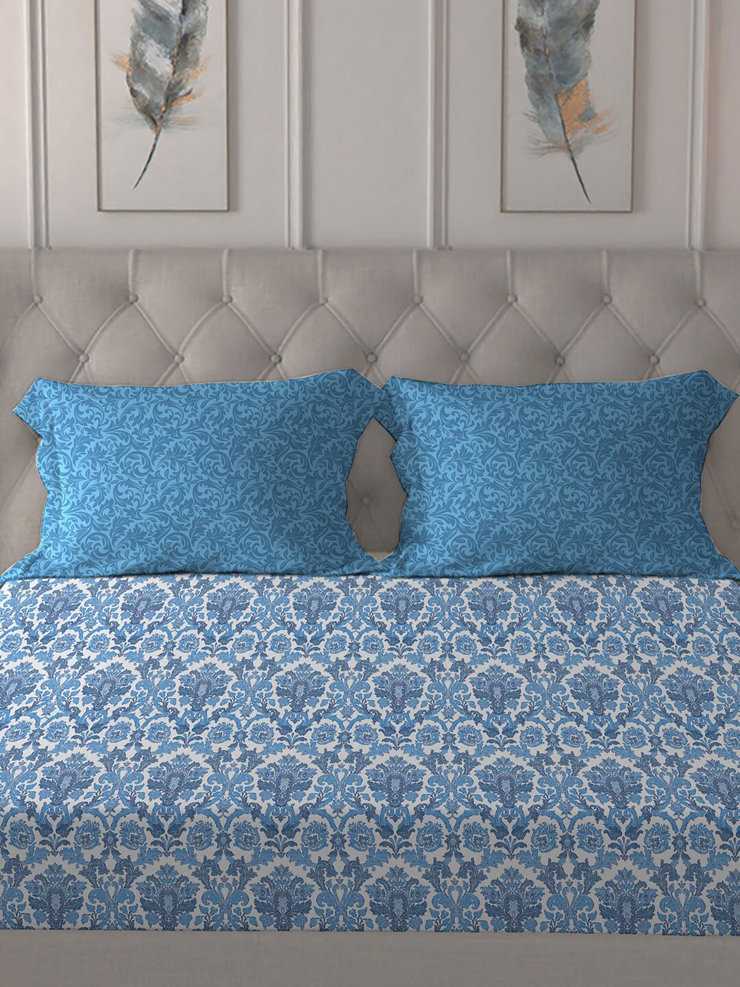 MYTRIDENT Blue White Ethnic Motifs Pure Cotton 120 TC Queen Bedsheet With 2 Pillow Covers