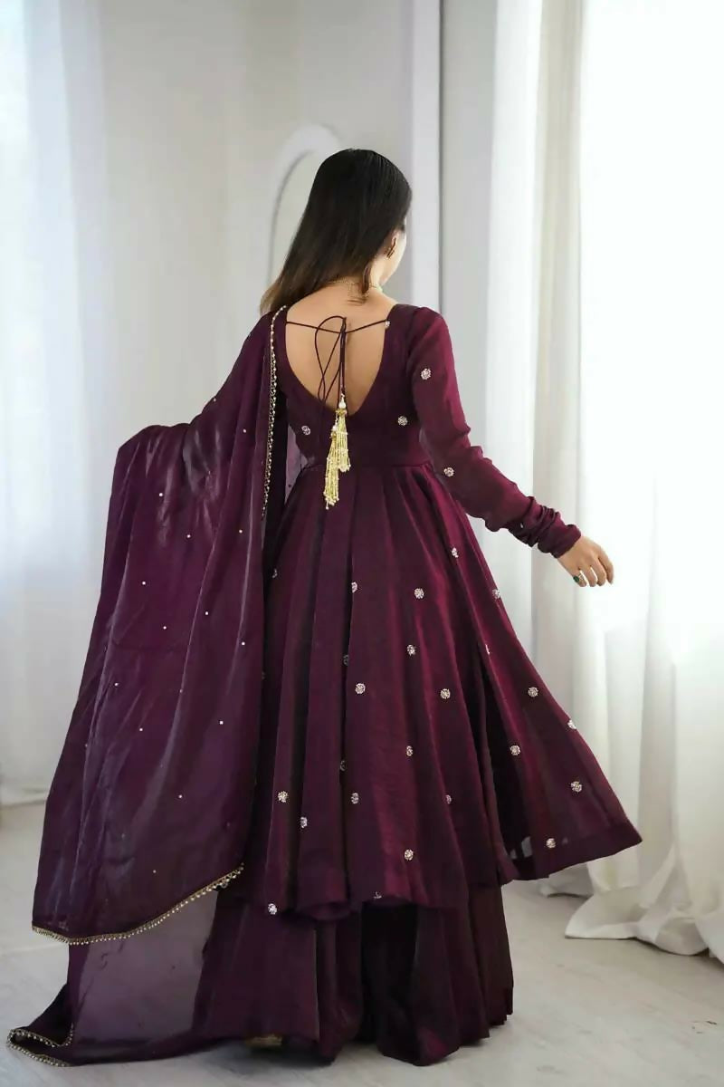 Teeya Creation Violet Crunchy Silk Embroidery Work Designer Suit - Distacart