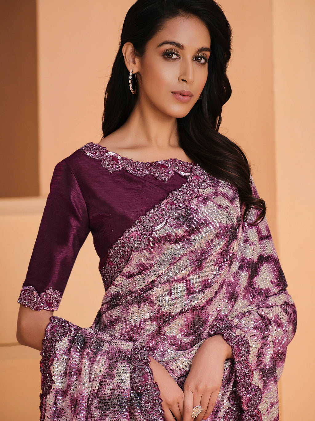 Purple Satin Crepe Silk Sequence Embroidered Saree With Unstitched Blouse - Mohmanthan Yavanika