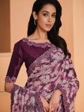 Purple Satin Crepe Silk Sequence Embroidered Saree With Unstitched Blouse - Mohmanthan Yavanika