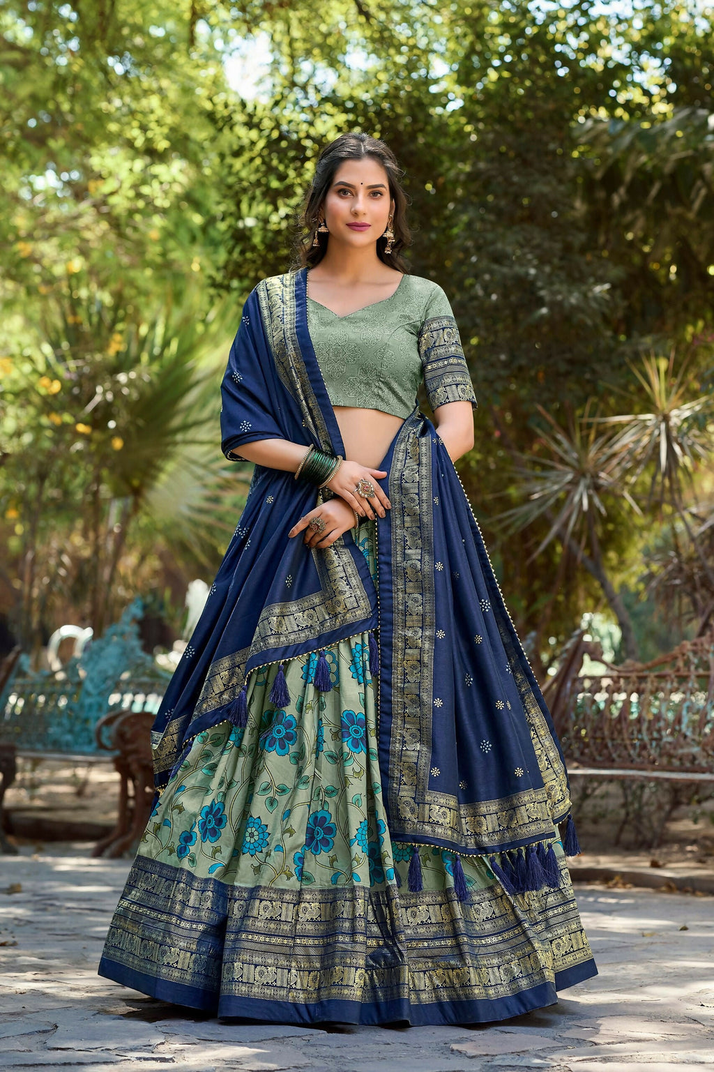 Vastranavya Kalamkari Print With Foil Print Lehenga with Unstitched Printed Blouse - Sea Green