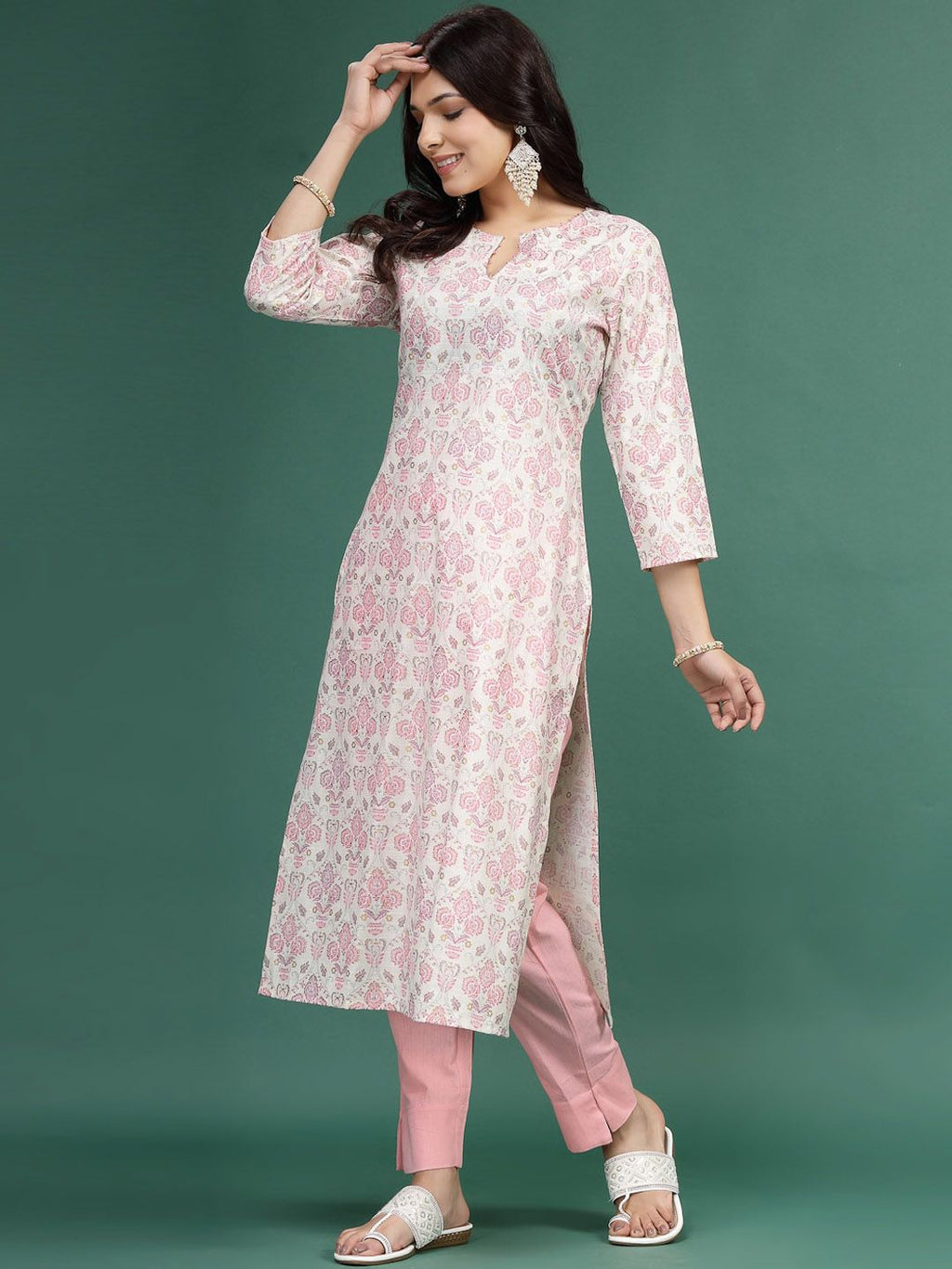Sangria Floral Printed Cotton Notch Neck Straight Kurta