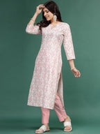 Sangria Floral Printed Cotton Notch Neck Straight Kurta