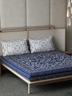DDecor Blue & White Ethnic Motifs Cotton 140 TC King Bedsheet With 2 Pillow Covers - Distacart