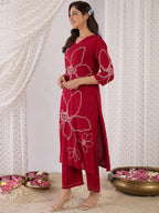 Indo Era Floral Embroidered Beads And Stones Straight Kurta With Palazzos