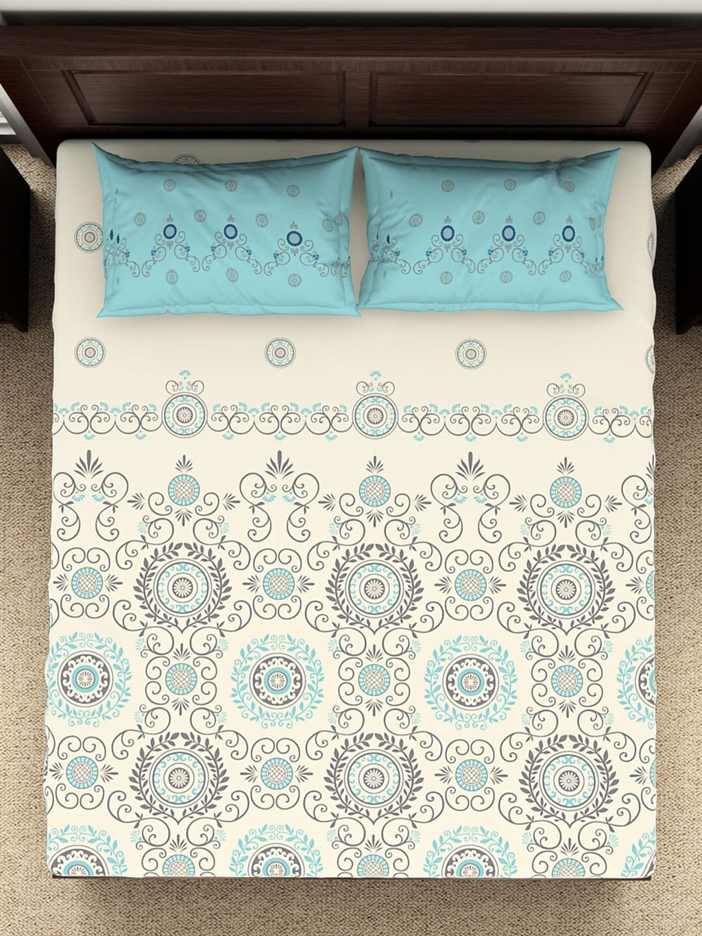SPACES Reagalis Cream Ethnic Motifs 140 TC Cotton Queen Bedsheet & 2 Pillow Covers