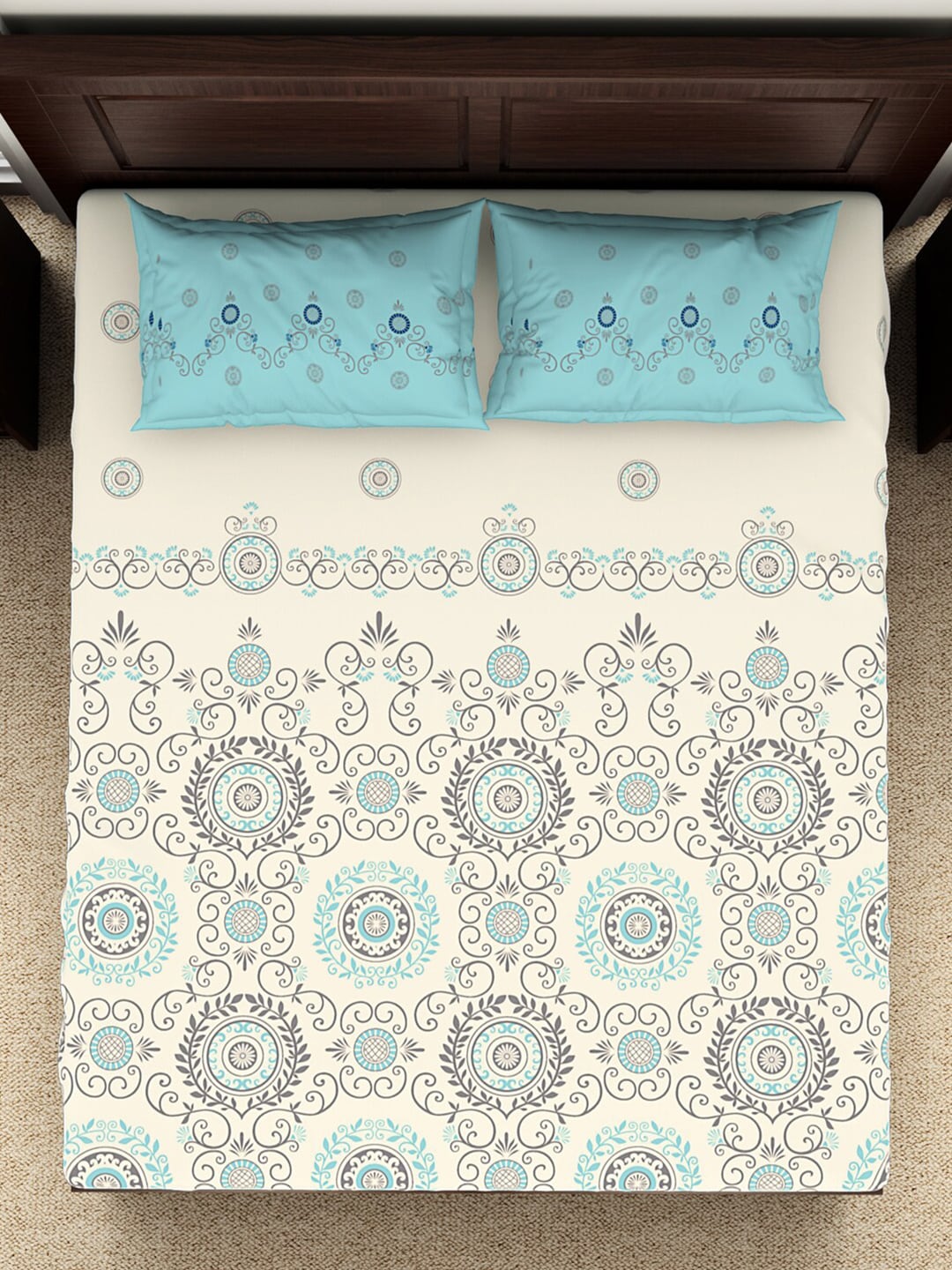 SPACES Reagalis Cream Ethnic Motifs 140 TC Cotton Queen Bedsheet & 2 Pillow Covers