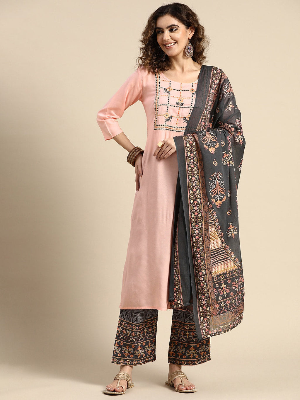 Sangria Women Floral Embroidered Thread Work Chanderi Silk Kurta With Palazzos & Dupatta