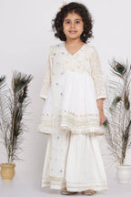 Little Bansi Girls Cotton Floral Embroidery & Lacework Kurta with Sharara & Dupatta - White