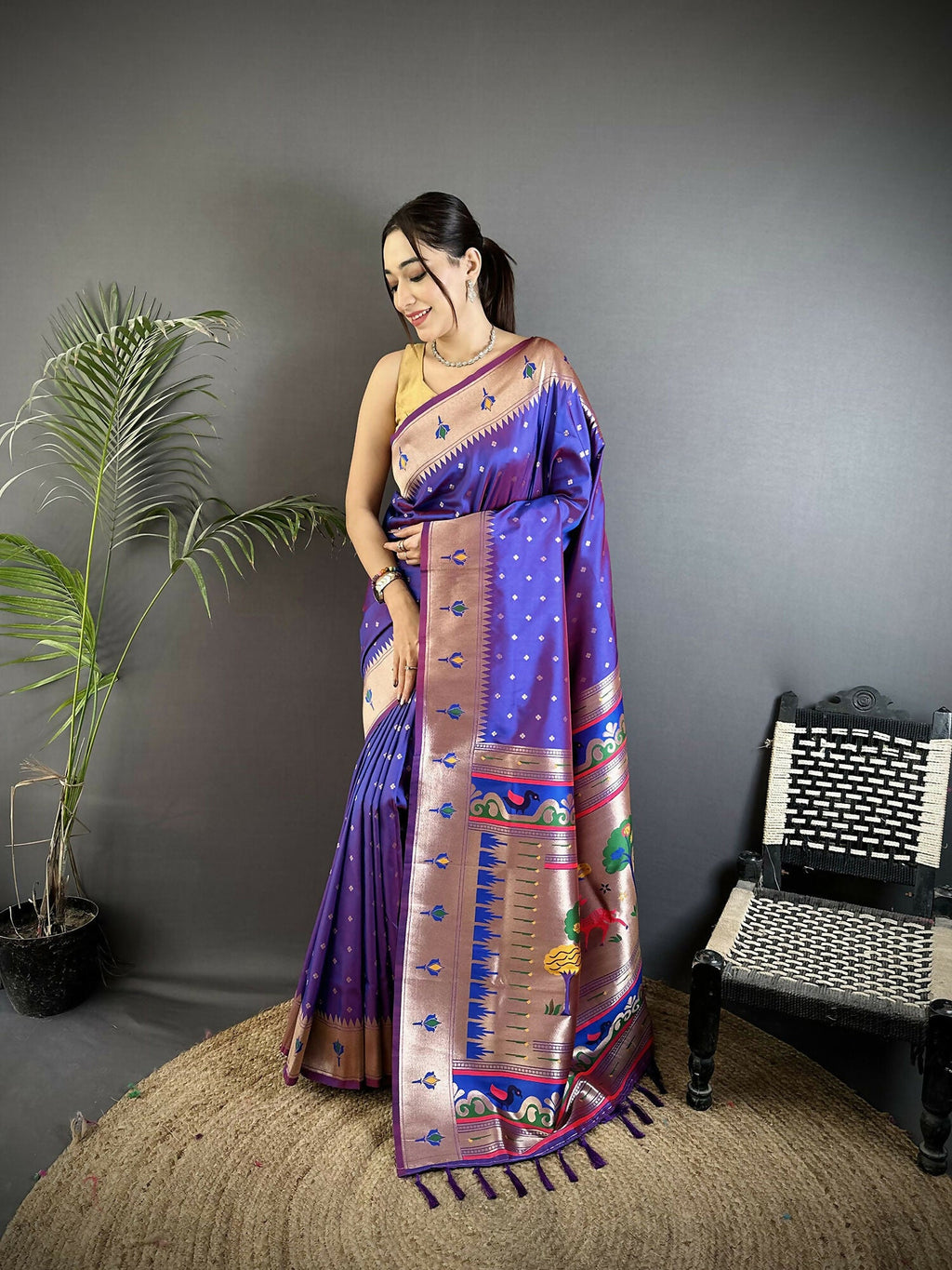 Joban Fashion Purple Peacock & Floral Motifs Soft Lichi Silk Kanchipuram Saree - Distacart