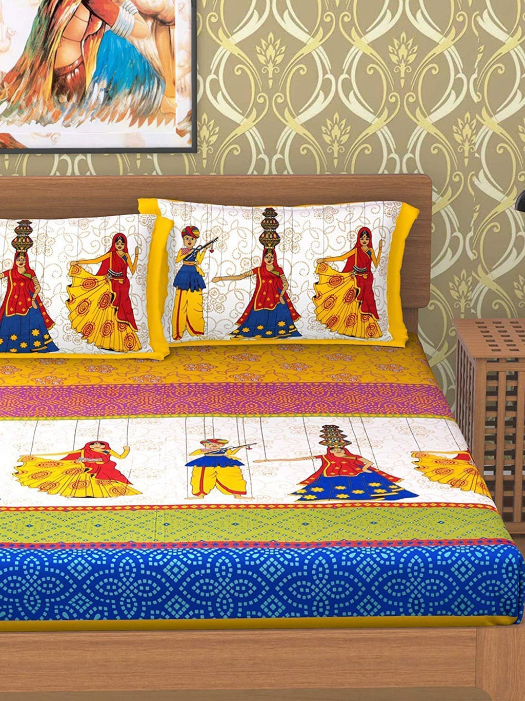 Rajasthanikart Yellow Ethnic Motifs Cotton 110 TC Queen Bedsheet with 2 Pillow Covers