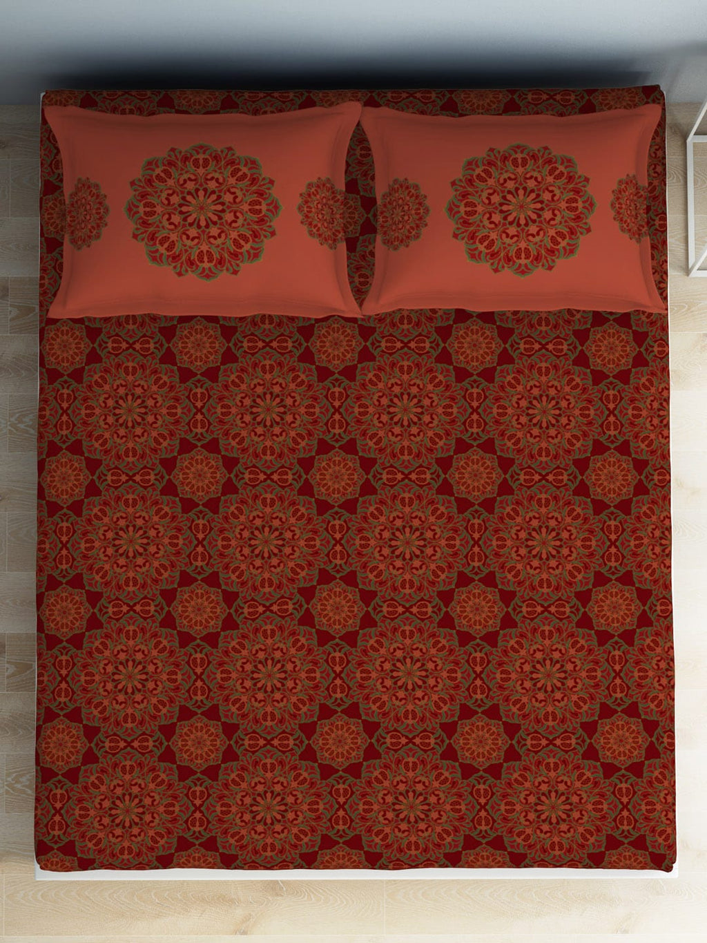SPACES Aurum Red Ethnic Motifs Pure Cotton 140 TC Queen Bedsheet with 2 Pillow Covers