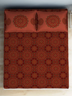 SPACES Aurum Red Ethnic Motifs Pure Cotton 140 TC Queen Bedsheet with 2 Pillow Covers