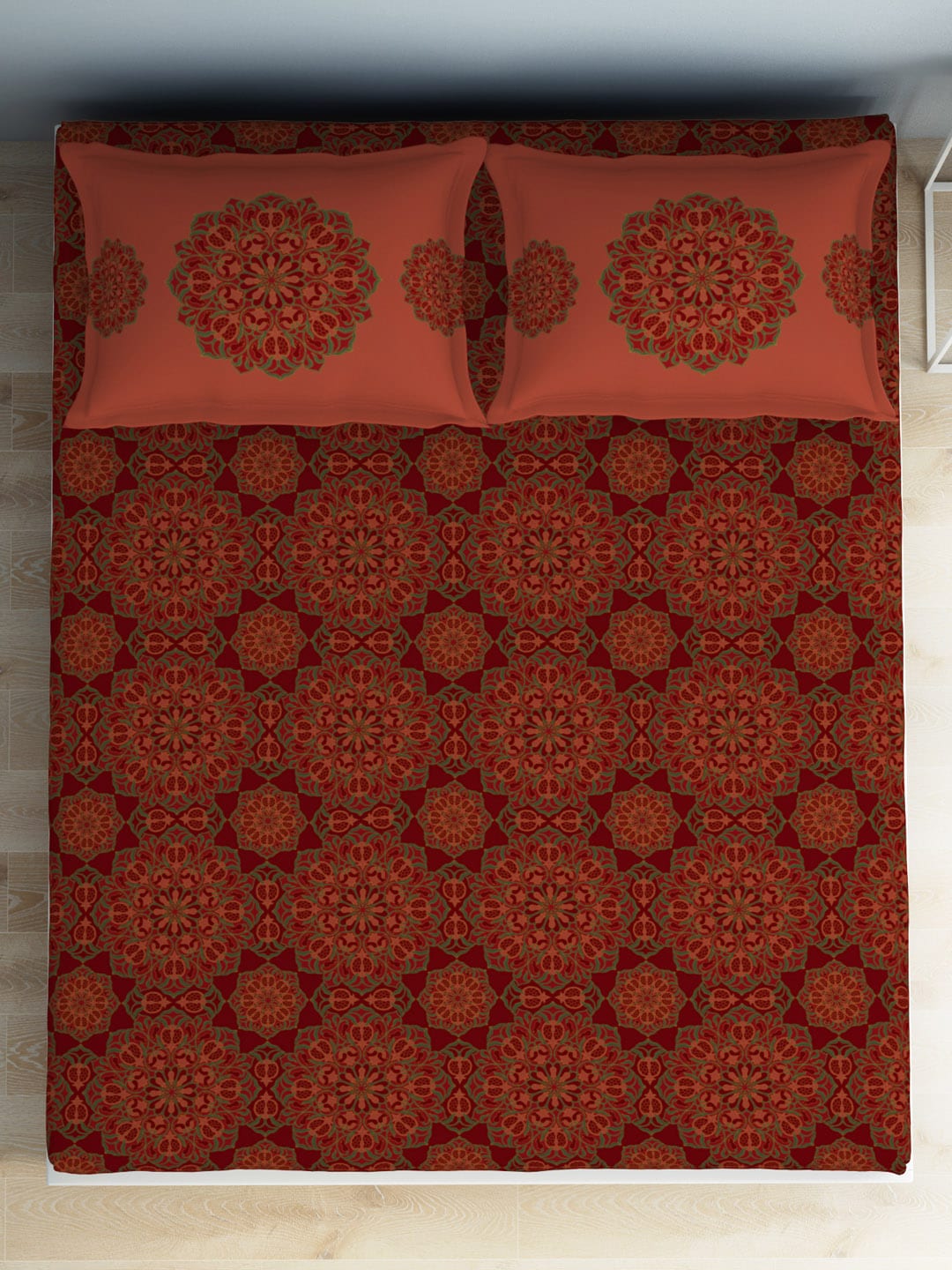 SPACES Aurum Red Ethnic Motifs Pure Cotton 140 TC Queen Bedsheet with 2 Pillow Covers