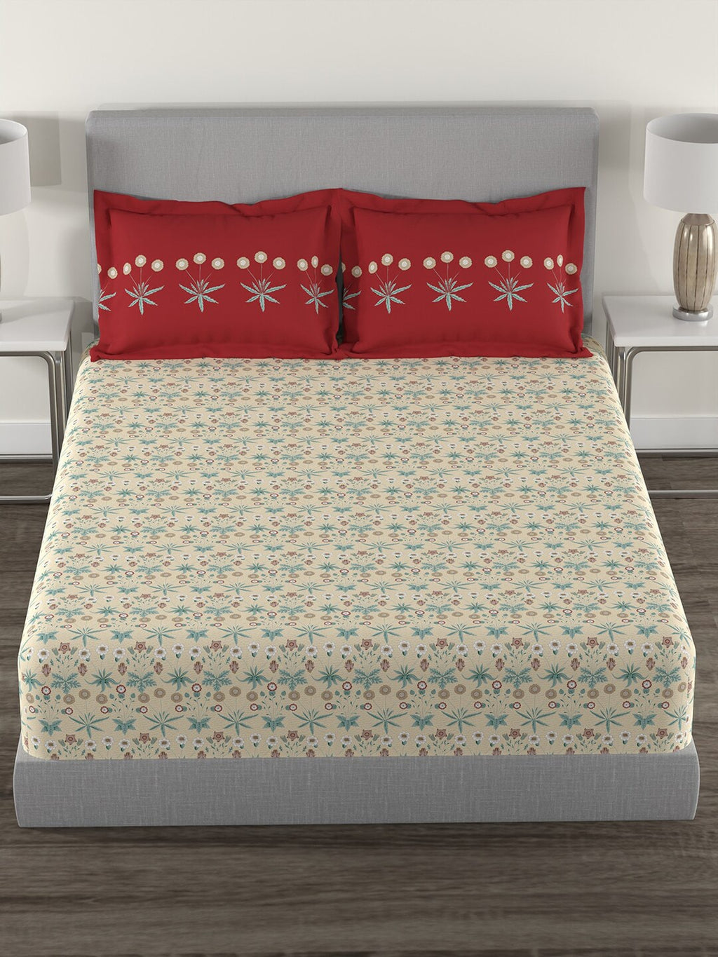 MYTRIDENT Beige Green Floral Cotton 144 TC Queen Bedsheet With 2 Pillow Covers
