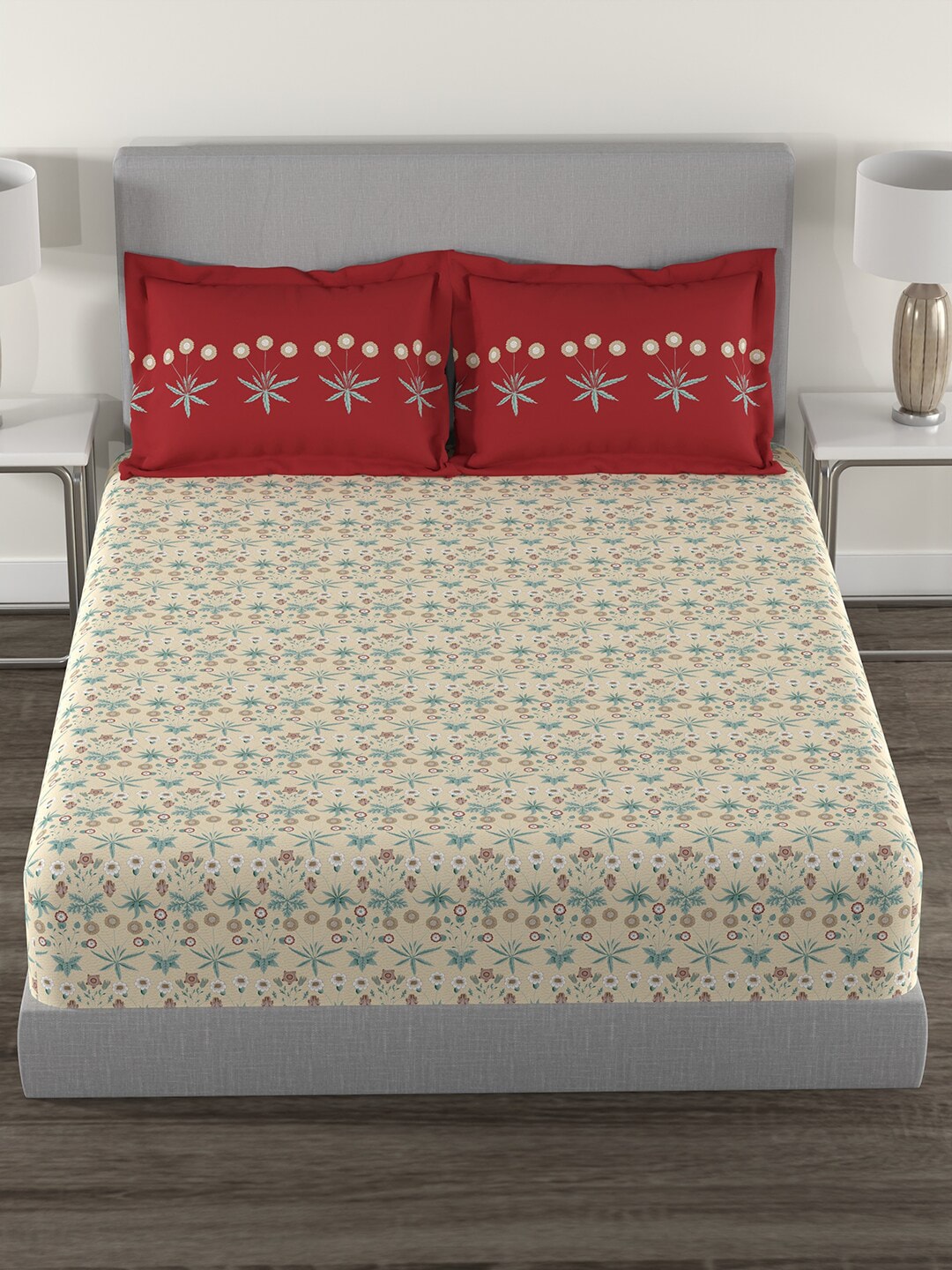 MYTRIDENT Beige Green Floral Cotton 144 TC Queen Bedsheet With 2 Pillow Covers