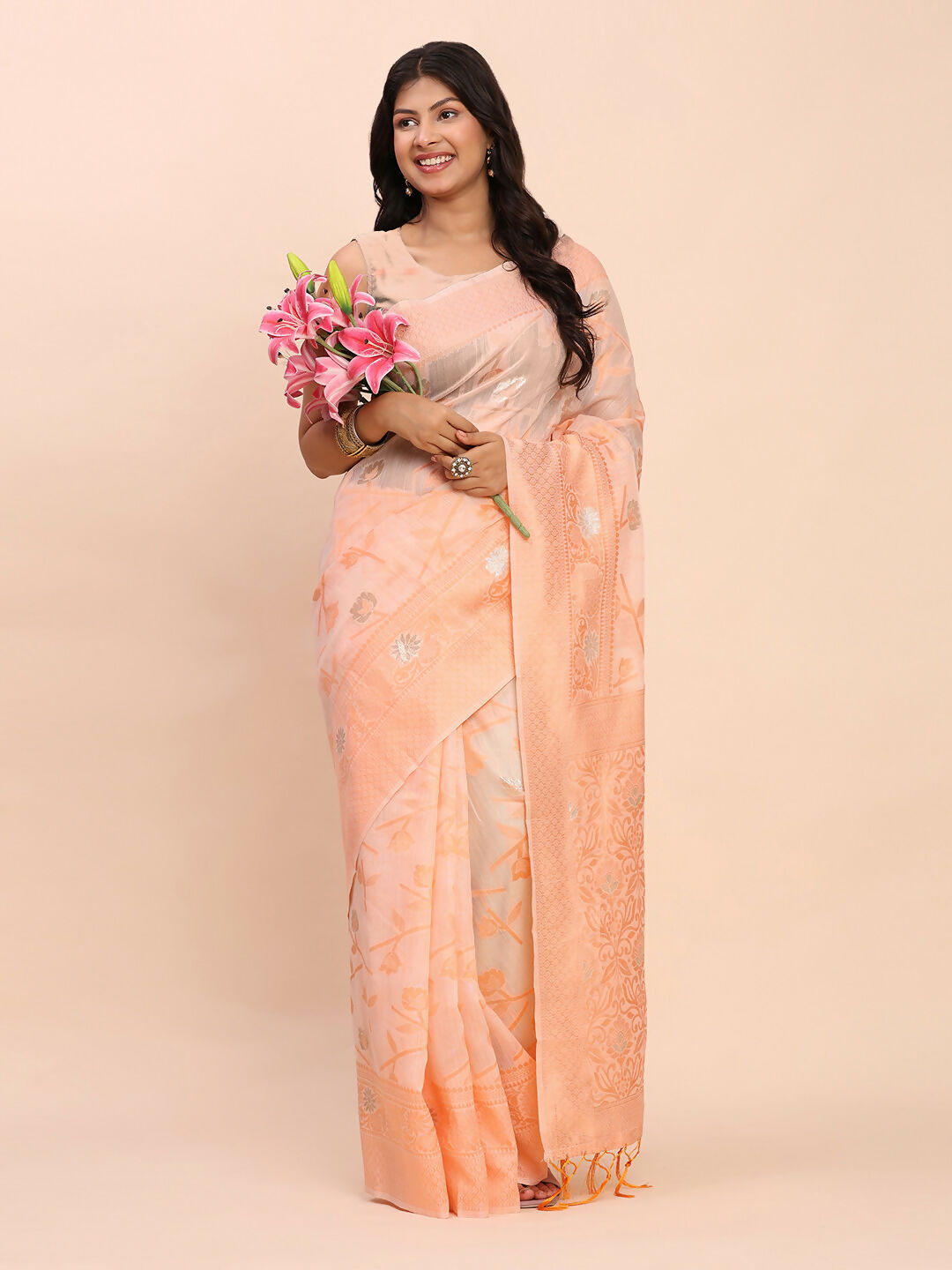 Shree Shyam Fashion Linen Cotton Peach Saree - Distacart