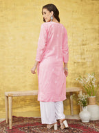 ADA Women Pink & White Chikankari Embroidered Straight Sustainable Handloom Kurta