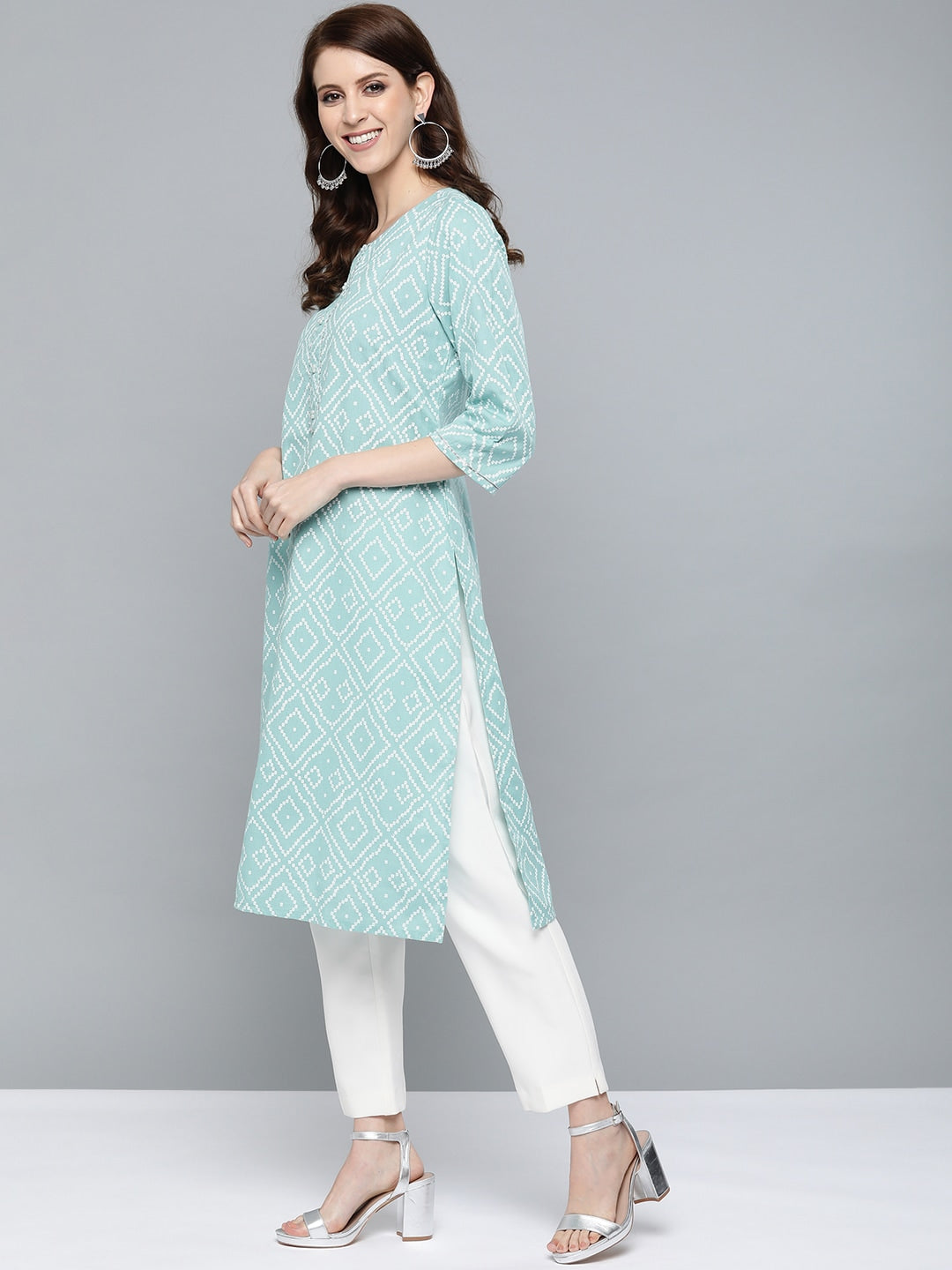 HERE&NOW Women Green & White Bandhani Print Straight Kurta