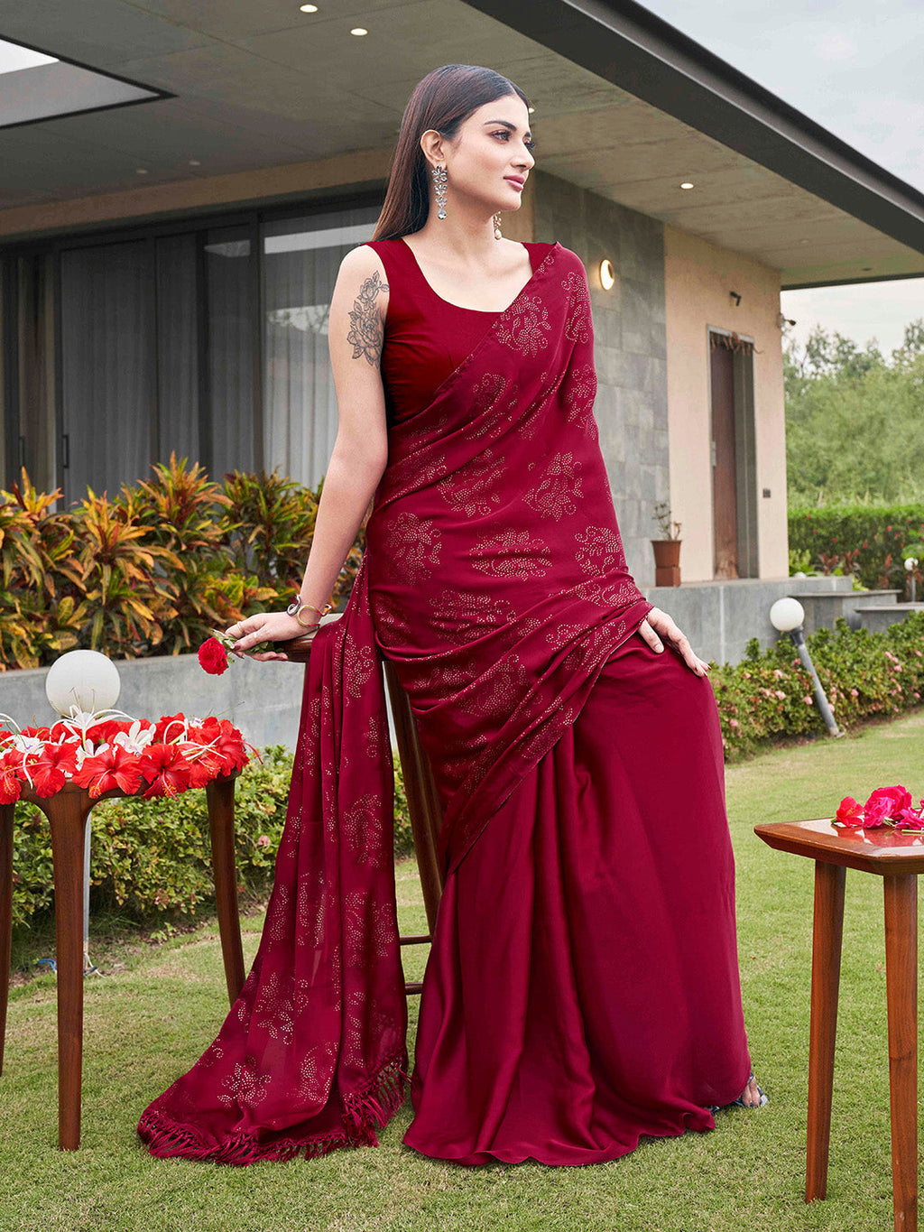 Tikhi Imli Embellished Half and half Satin Saree With Tassels - Distacart