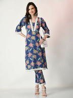 Myshka Women's Blue Printed Kurta With Trousers