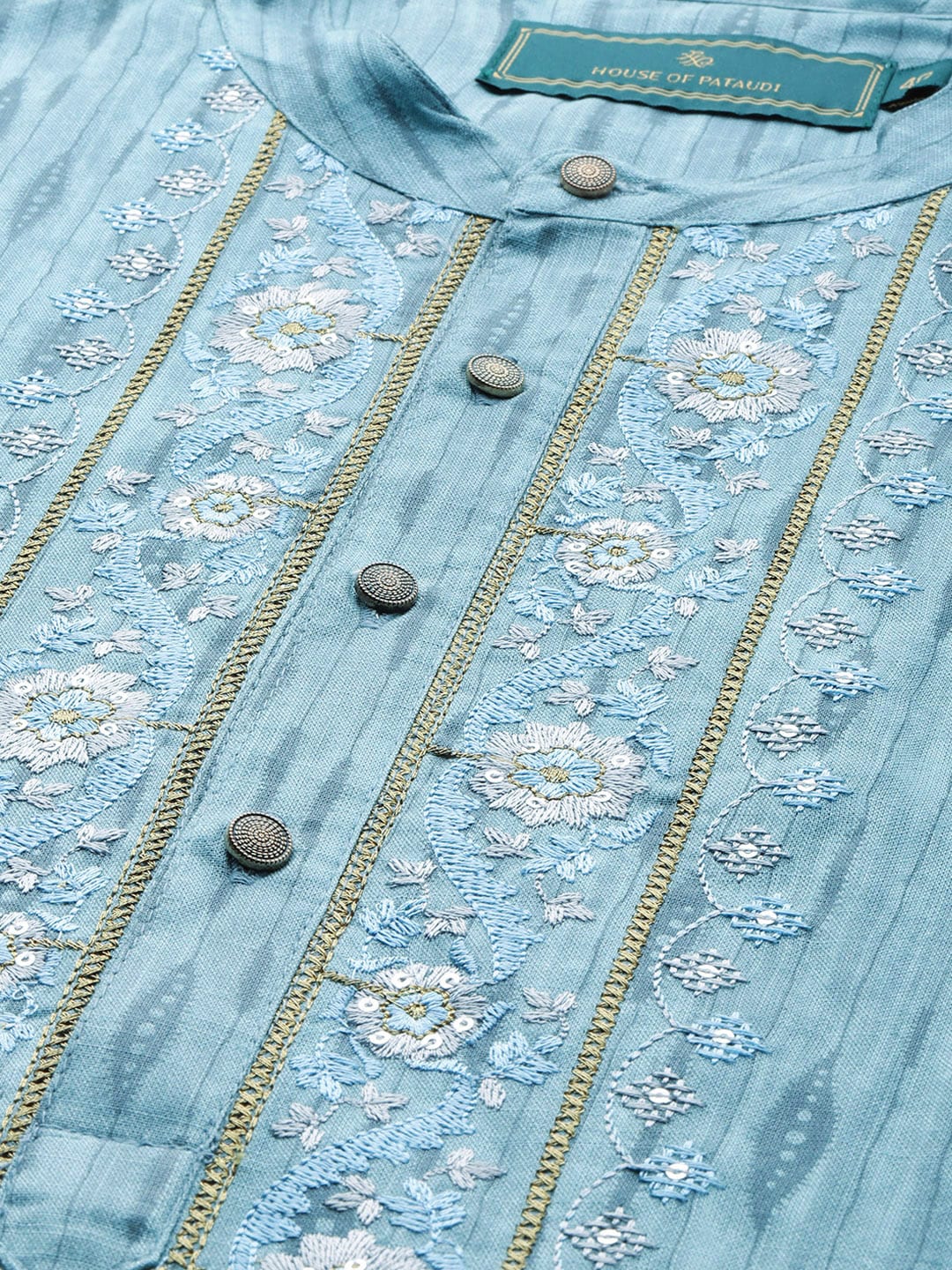 House of Pataudi Jashn Zari Work Sequined Detail Floral Embroidered Kurta