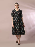 Myshka Women's Black Printed Cotton V-Neck Empire Party Dress - Distacart