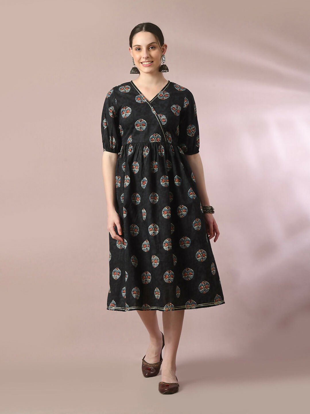 Myshka Women's Black Printed Cotton V-Neck Empire Party Dress - Distacart
