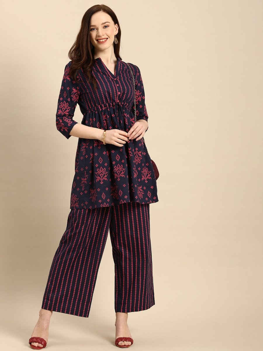 All About You Women Blue & Pink Bandhani Printed Pleated Kurti with Palazzos