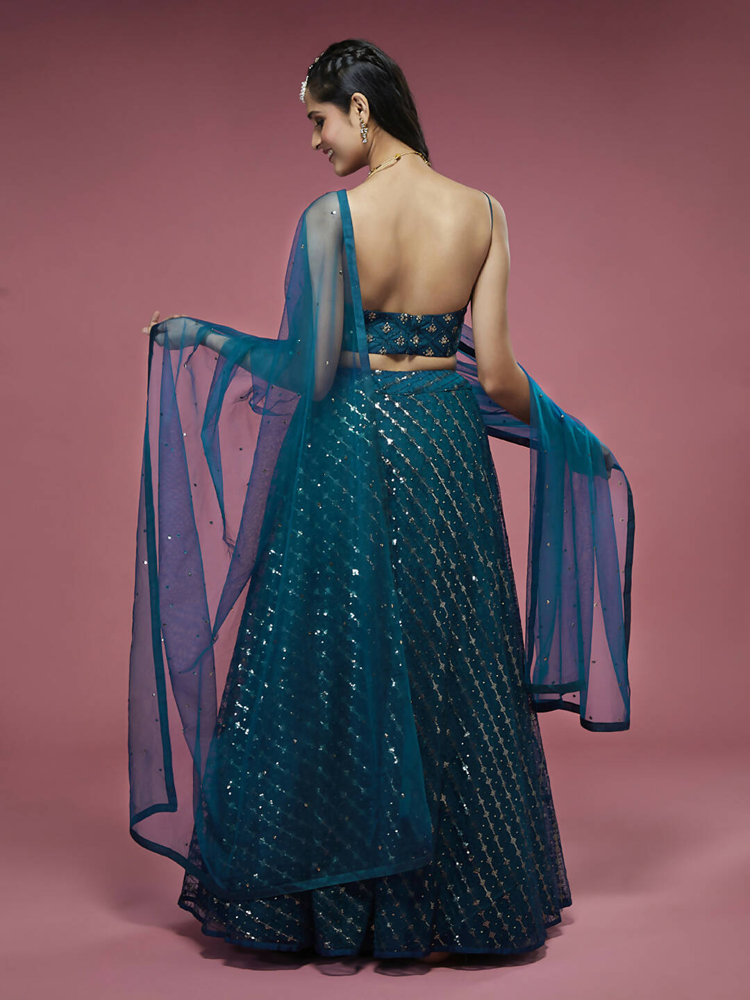 House of Panchhi Teal Net Sequinse Embroidered Lehenga & Blouse with Dupatta