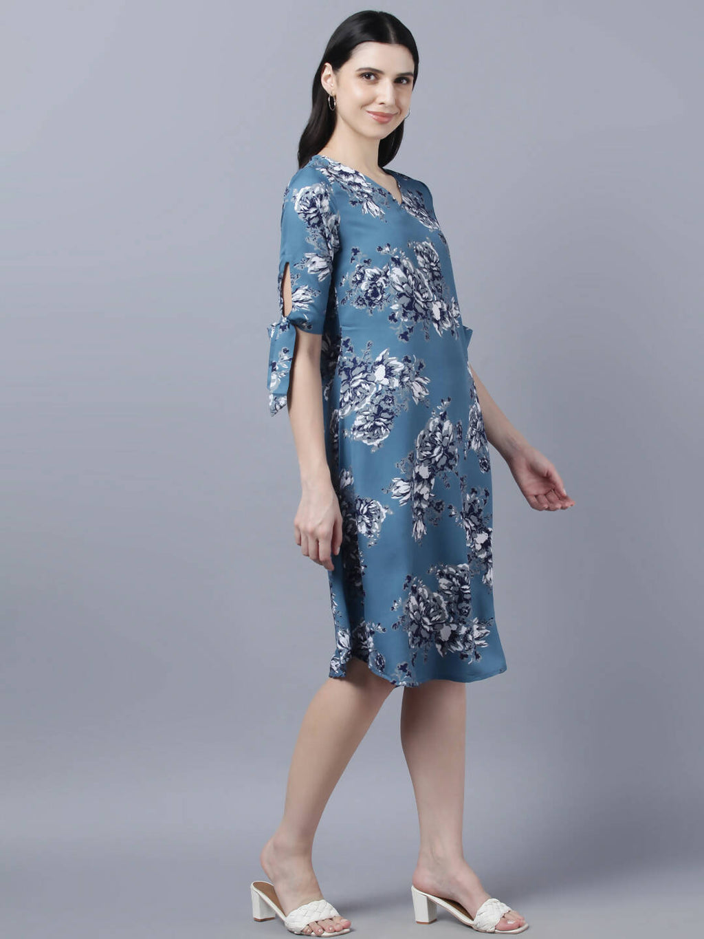 Myshka Women Teal Blue Grey Printed A-line Dress - Distacart