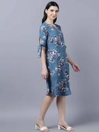 Myshka Women Teal Blue Grey Printed A-line Dress - Distacart