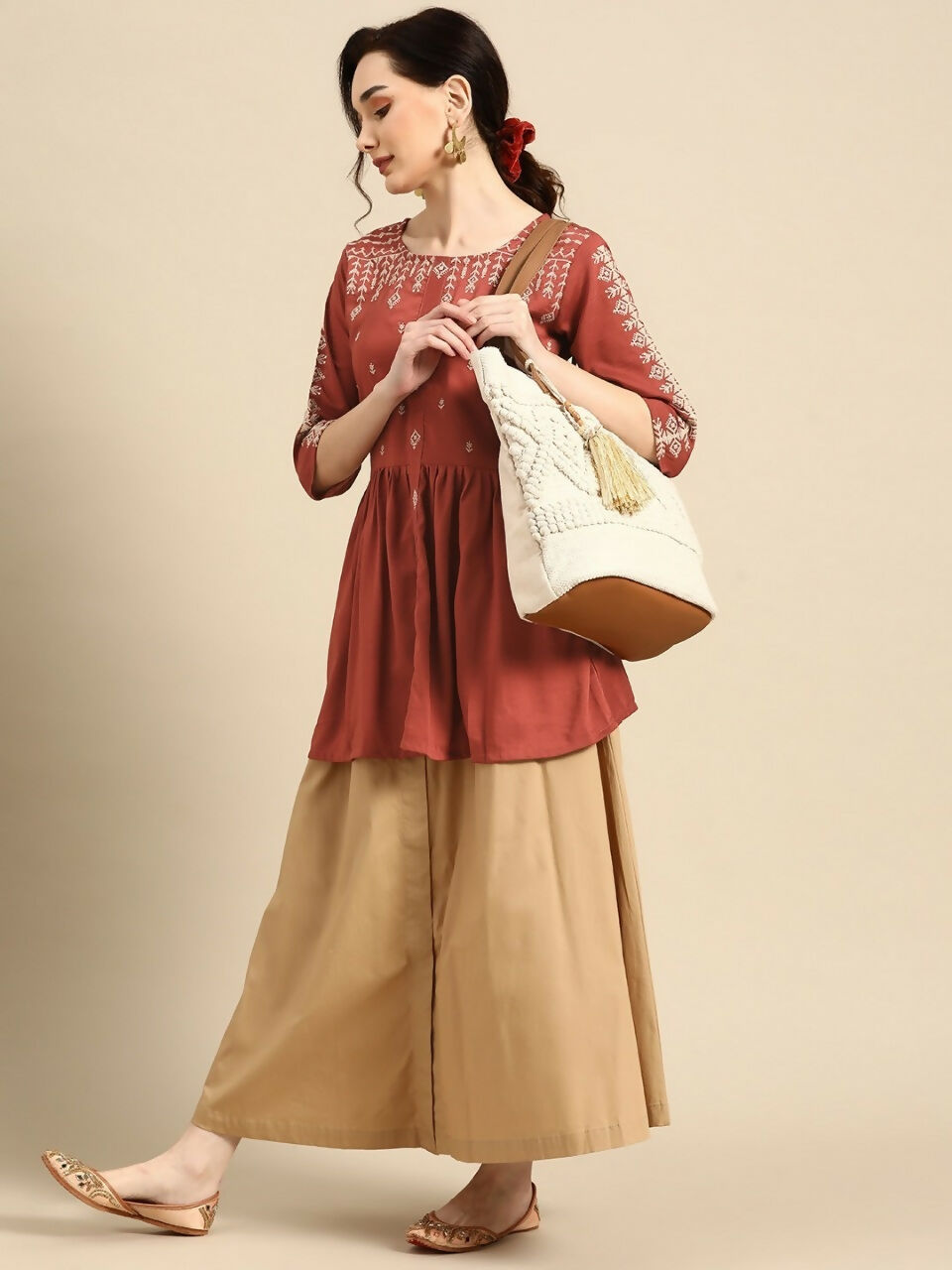 Women's Rust Viscose blend Embroidered Short Top - Marina
