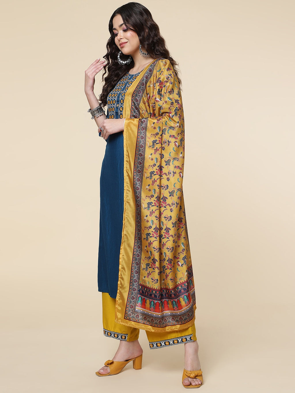 HERE&NOW Ethnic Motifs Embroidered Mirror Work Jute Silk Kurta with Trousers & Dupatta