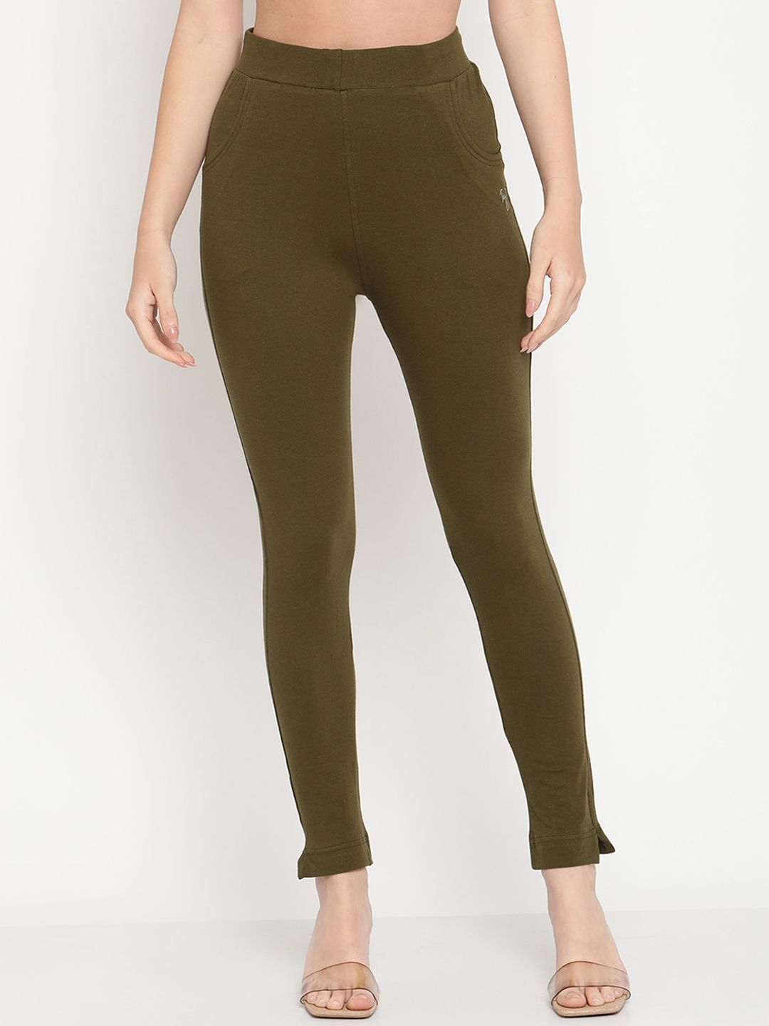 TAG 7 Women Olive Green Solid Ankle-Length Leggings