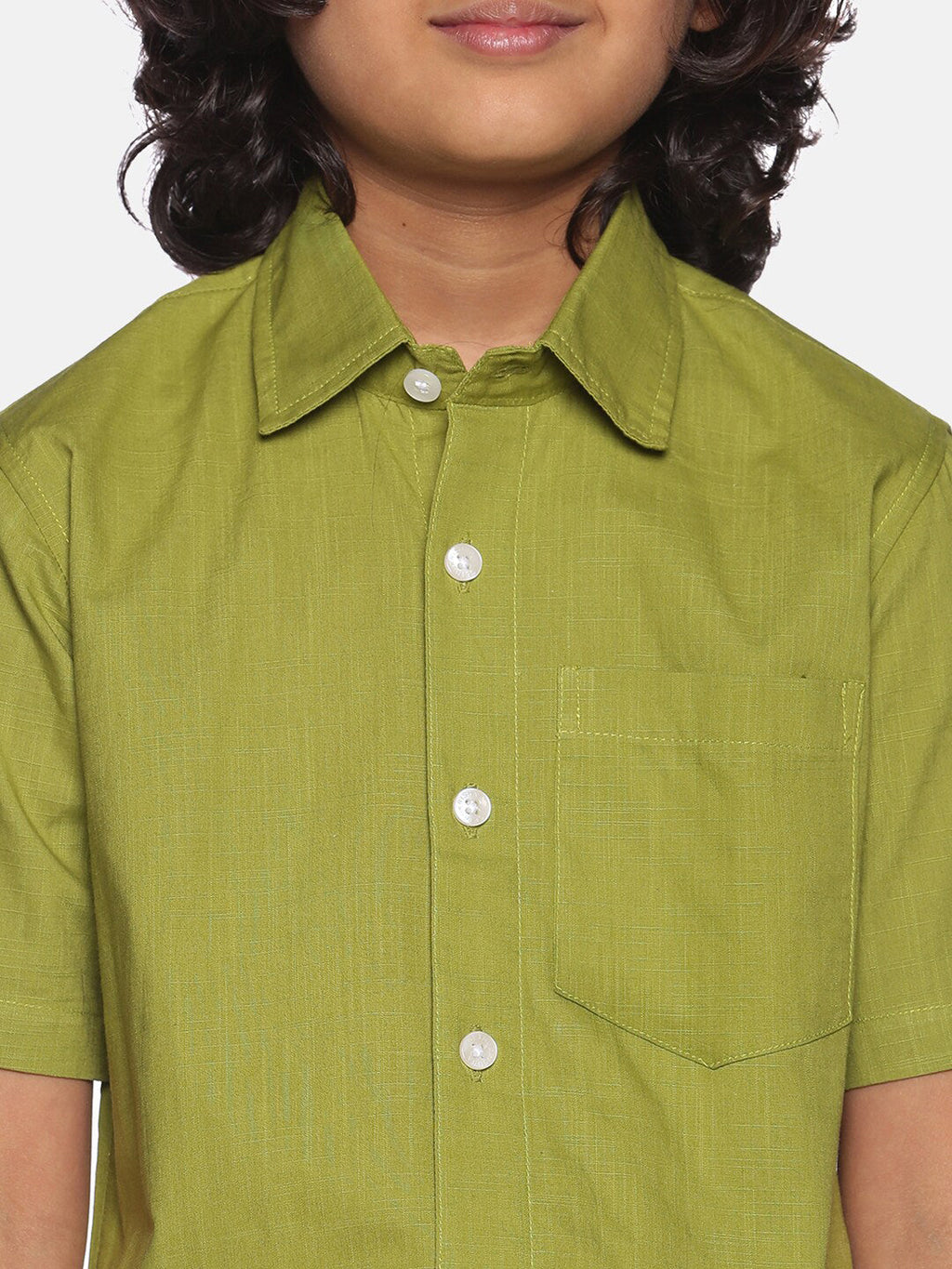 Sethukrishna Boys Green & White Solid Pure Cotton Shirt with Readymade Dhoti
