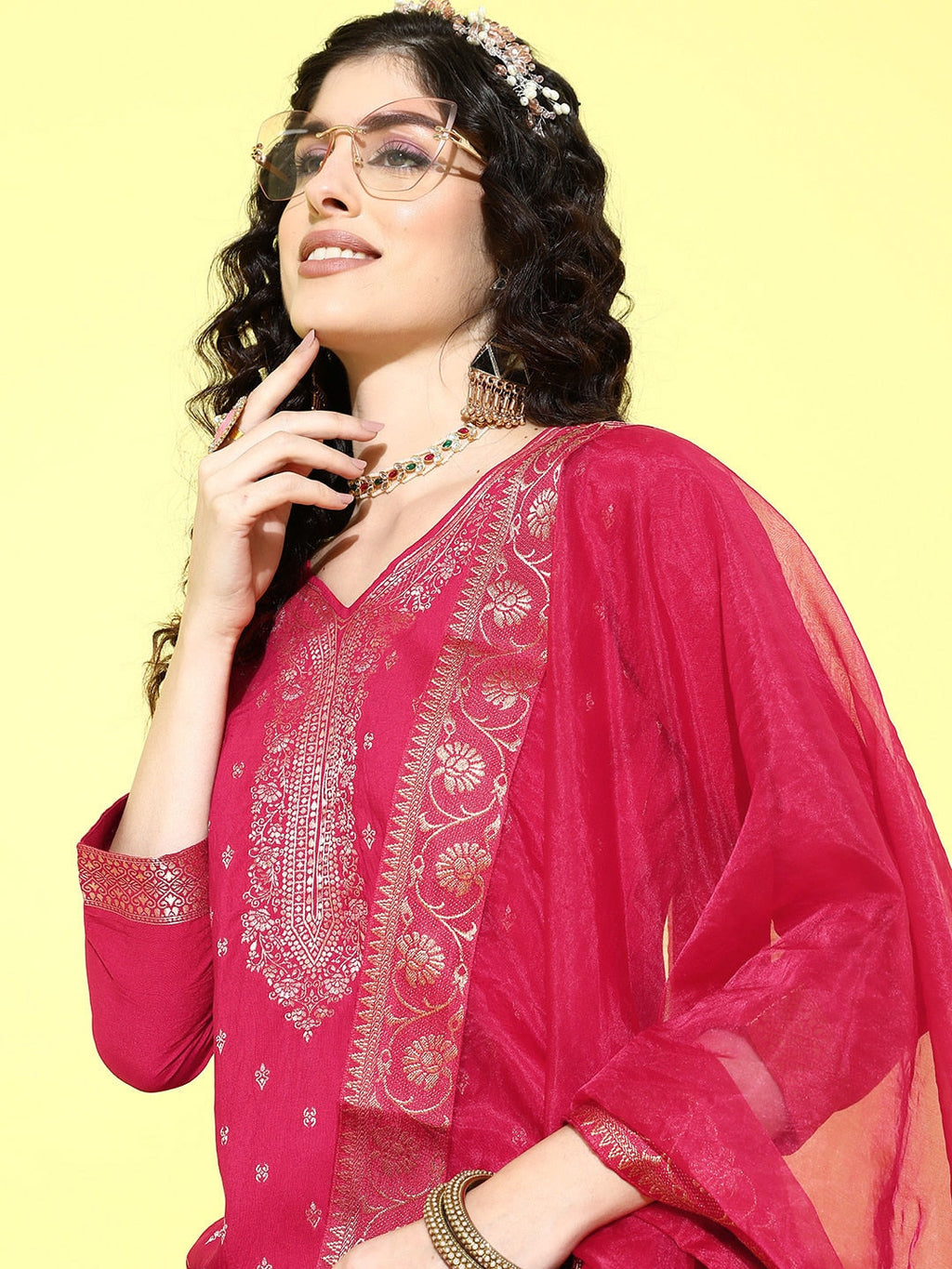 Sangria Floral Yoke Design Jacquard Kurta with Palazzos & With Dupatta