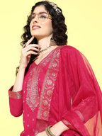 Sangria Floral Yoke Design Jacquard Kurta with Palazzos & With Dupatta