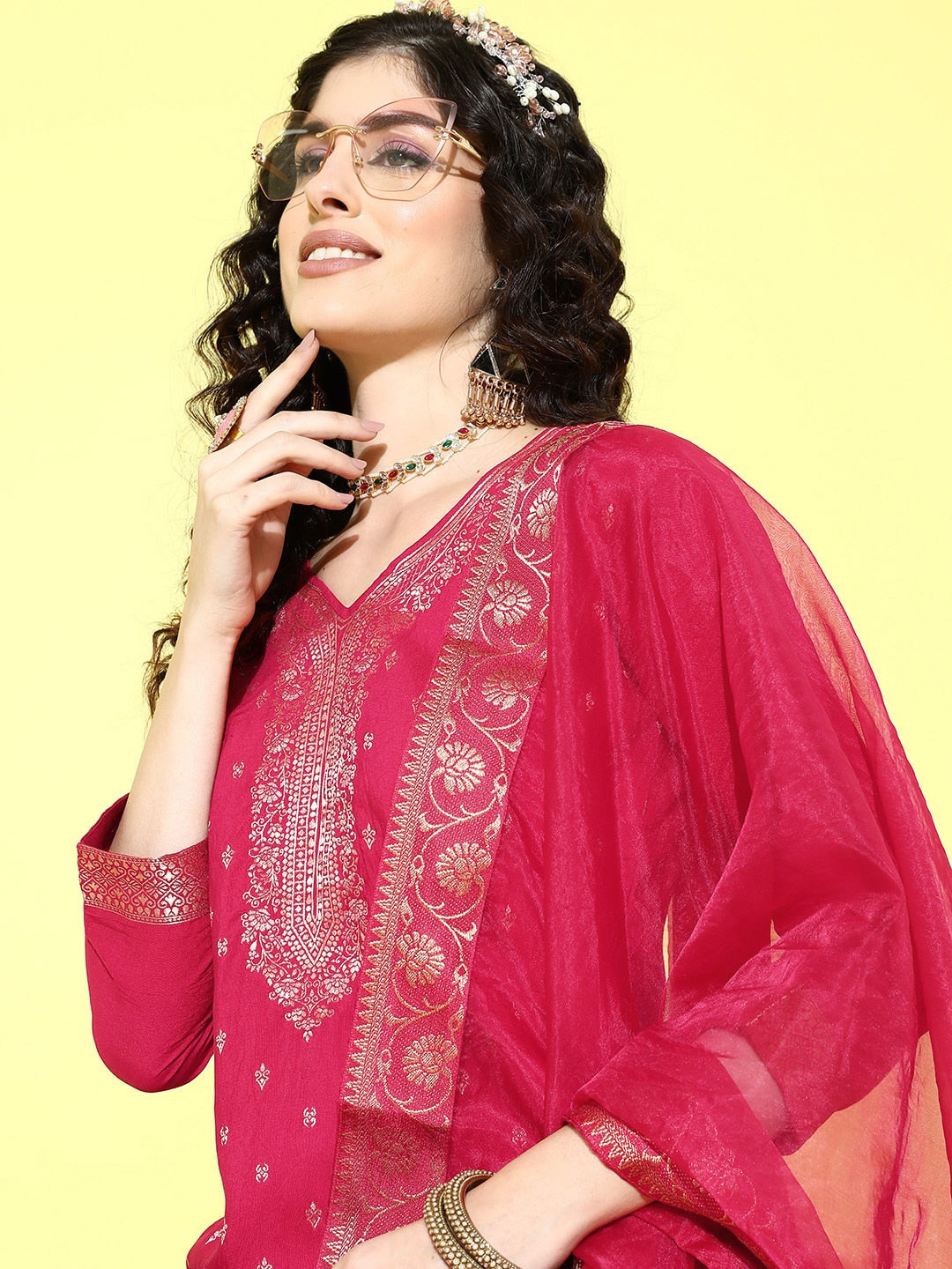Sangria Floral Yoke Design Jacquard Kurta with Palazzos & With Dupatta