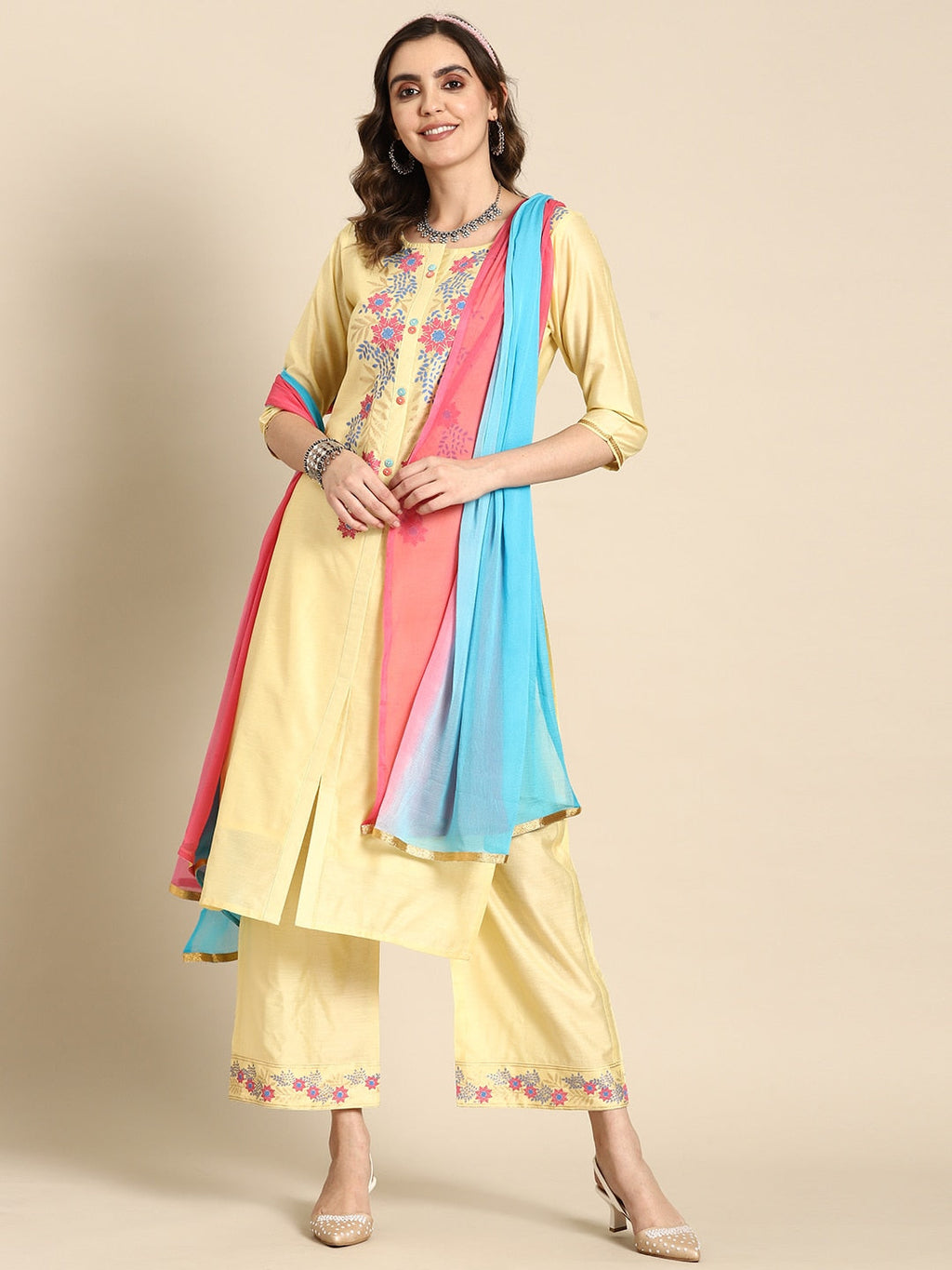 Sangria Women Floral Printed Regular Chanderi Cotton Kurta with Palazzos & With Dupatta