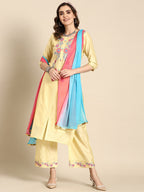 Sangria Women Floral Printed Regular Chanderi Cotton Kurta with Palazzos & With Dupatta